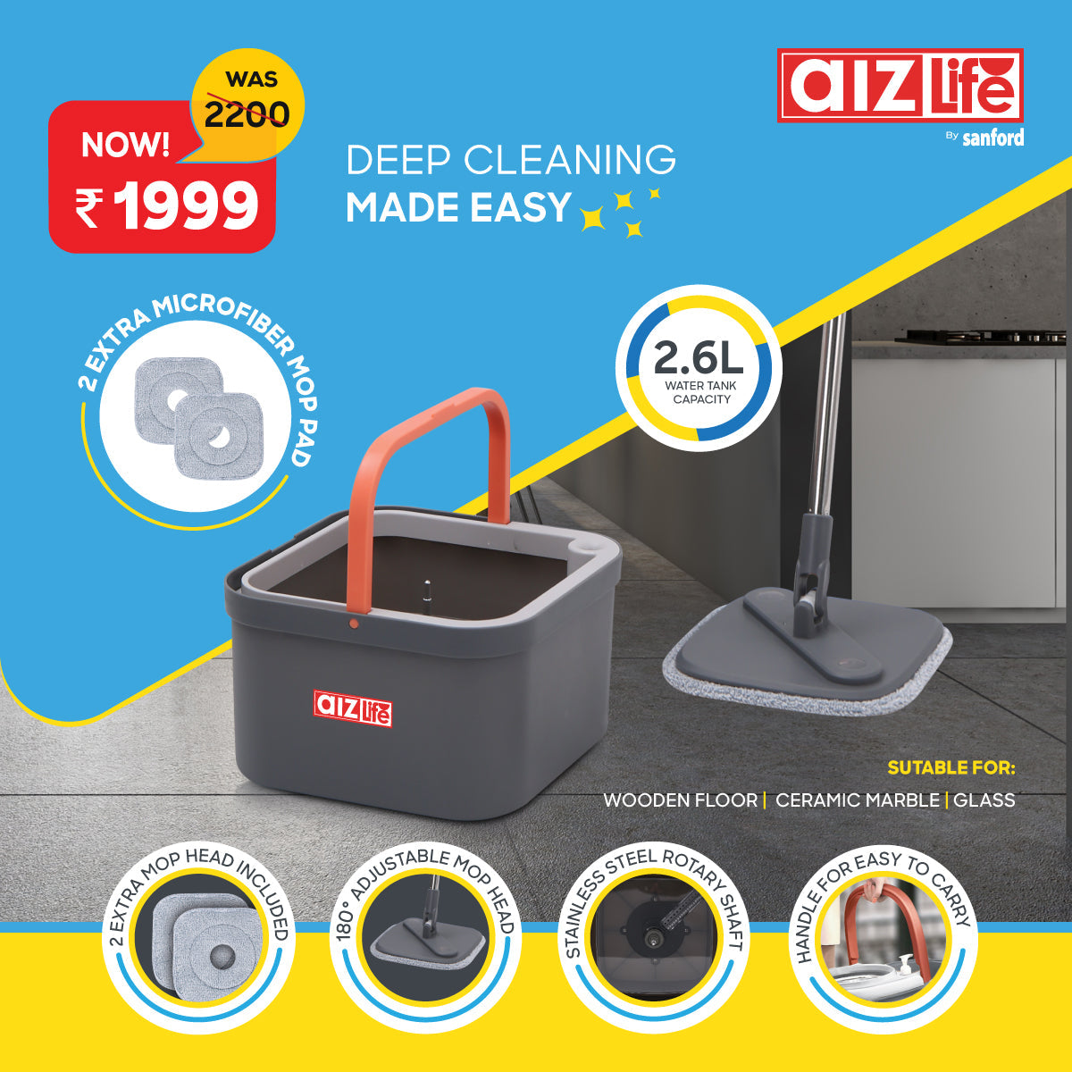 spin mop with bucket and microfiber mop pad for efficient floor cleaning sanford