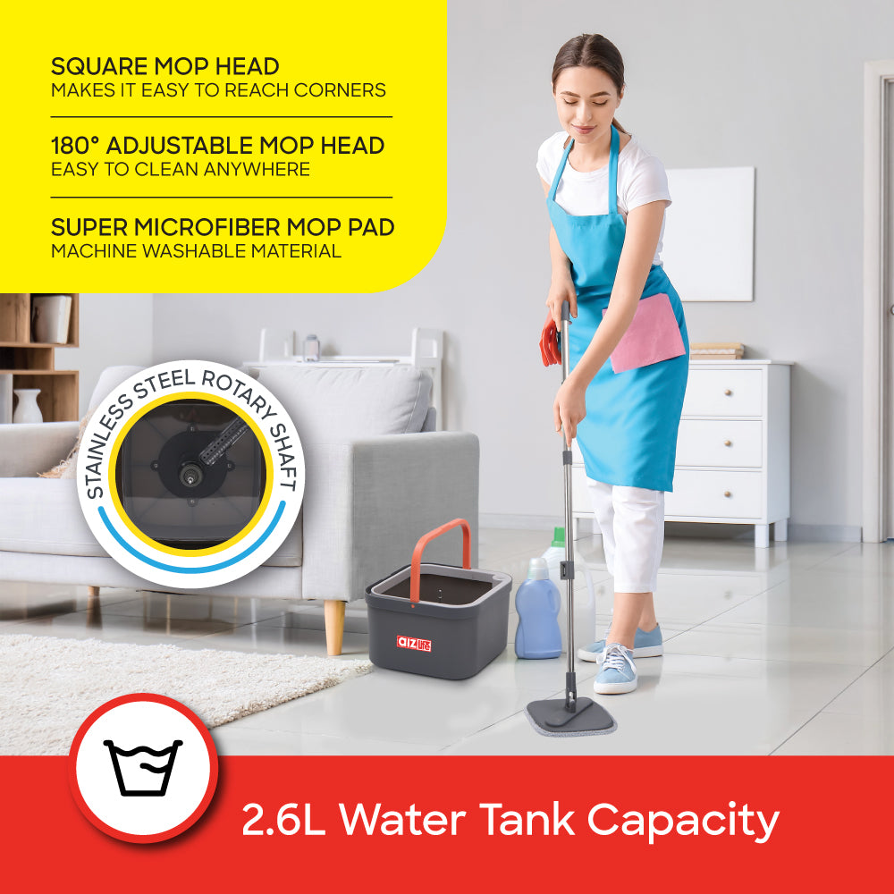AizLife 2.6L Square Head Spin Mop with Dual Tank and Microfiber Pads | AL1501SP - Sanford India