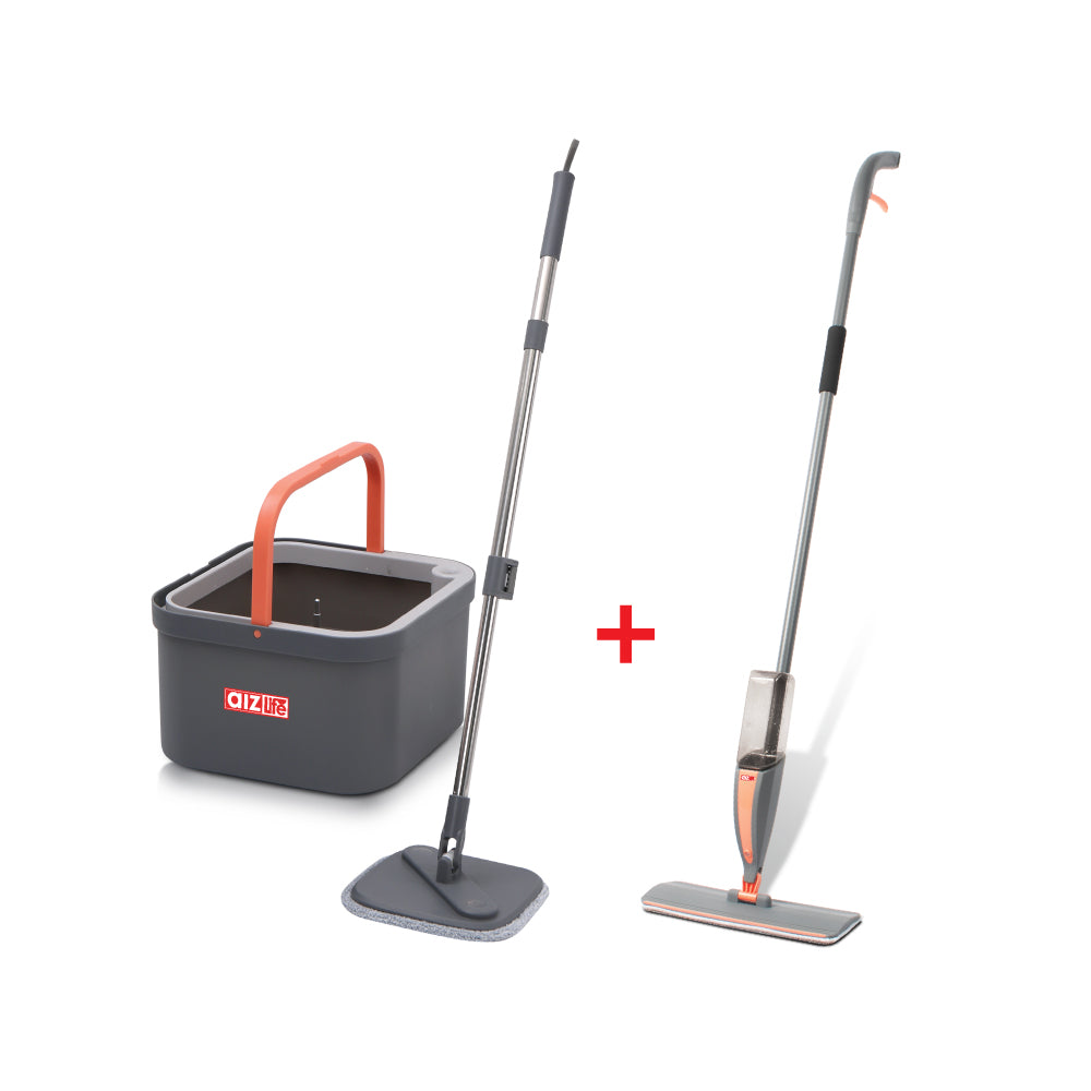 Cleaning set with bucket, mop, and scrubber on a white background