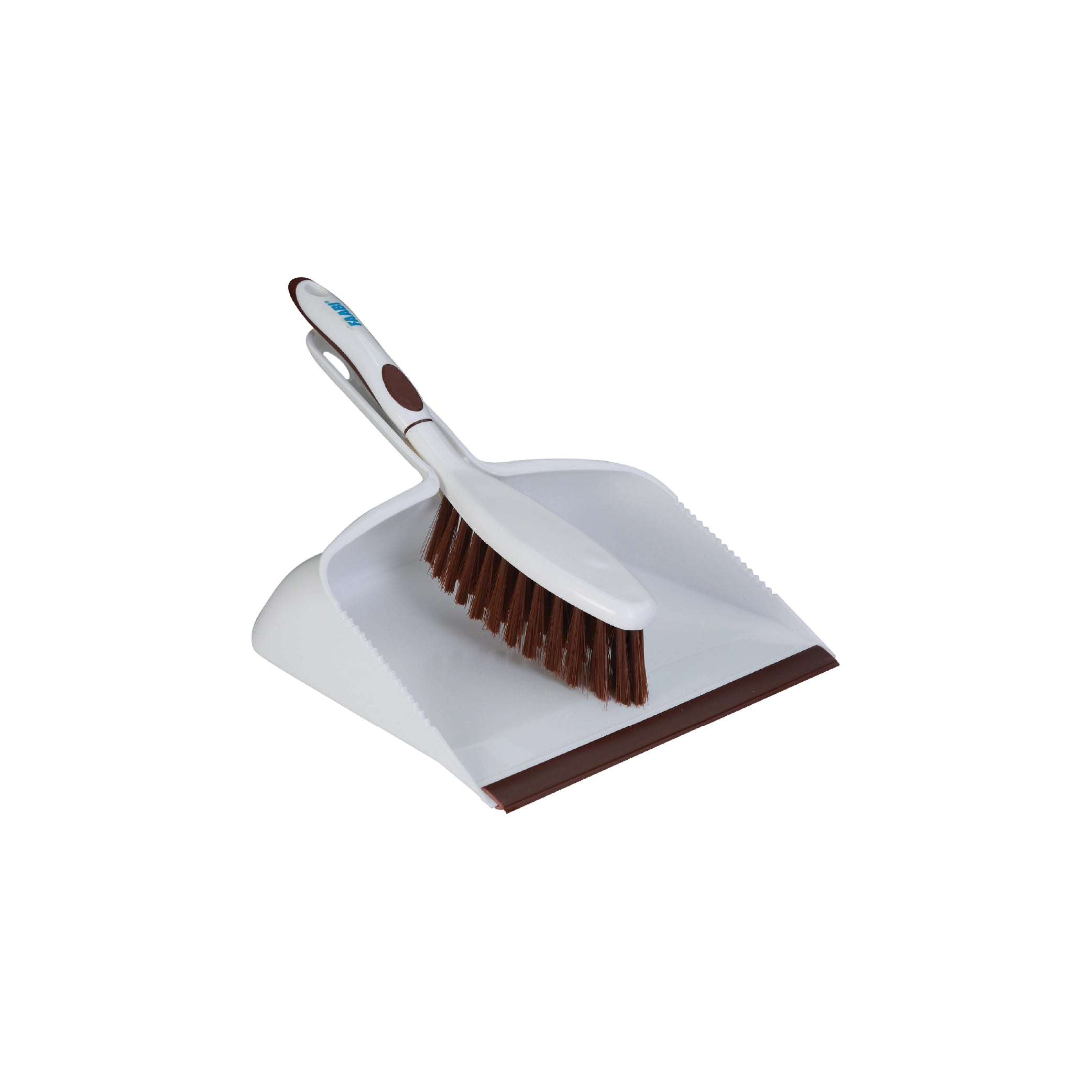 Faabi Dustpan and Brush – white dustpan with a brown-edged cleaning blade and matching hand brush with sturdy brown bristles, displayed on a white background.