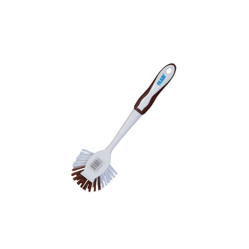 Faabi Dish Brush – angled view of the dishwashing brush with dual-colour bristles, a long white handle, and a brown-and-white grip on a white background.