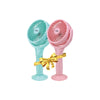 Two small handheld fans, one blue and one pink, with a gold bow on a white background.
