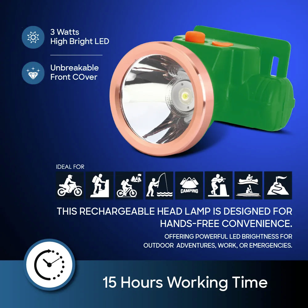 Sanford Rechargeable 3W LED Head Lamp – 3W high-bright LED, unbreakable front cover and 15-hour working time features