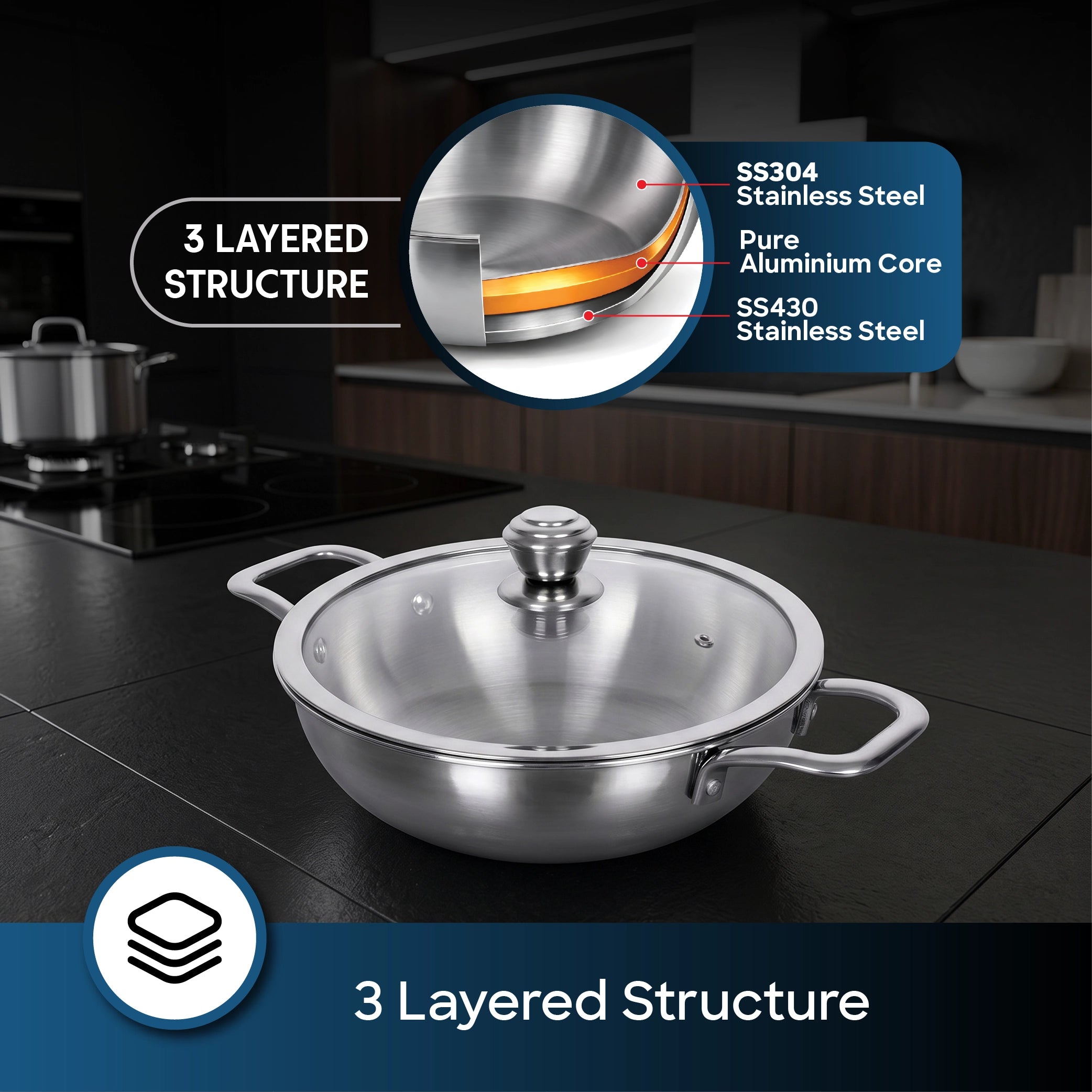 tri ply stainless steel kadai lid 24cm induction compatible sanford 4