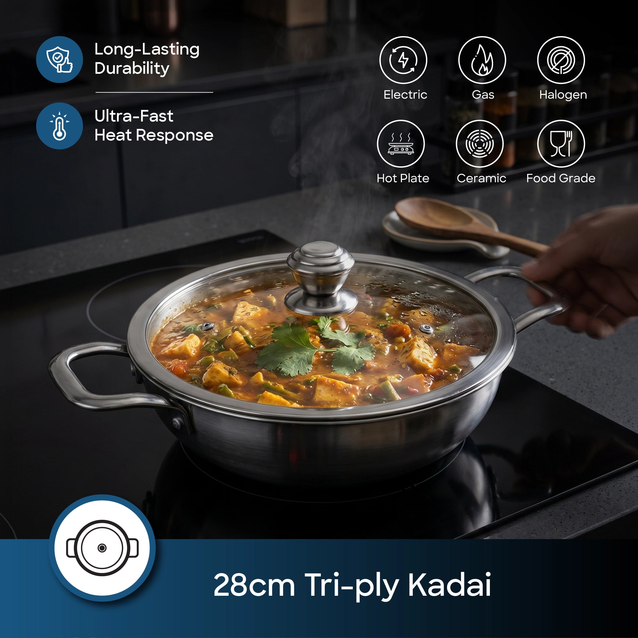tri ply stainless steel kadai lid 28cm induction compatible sanford 3