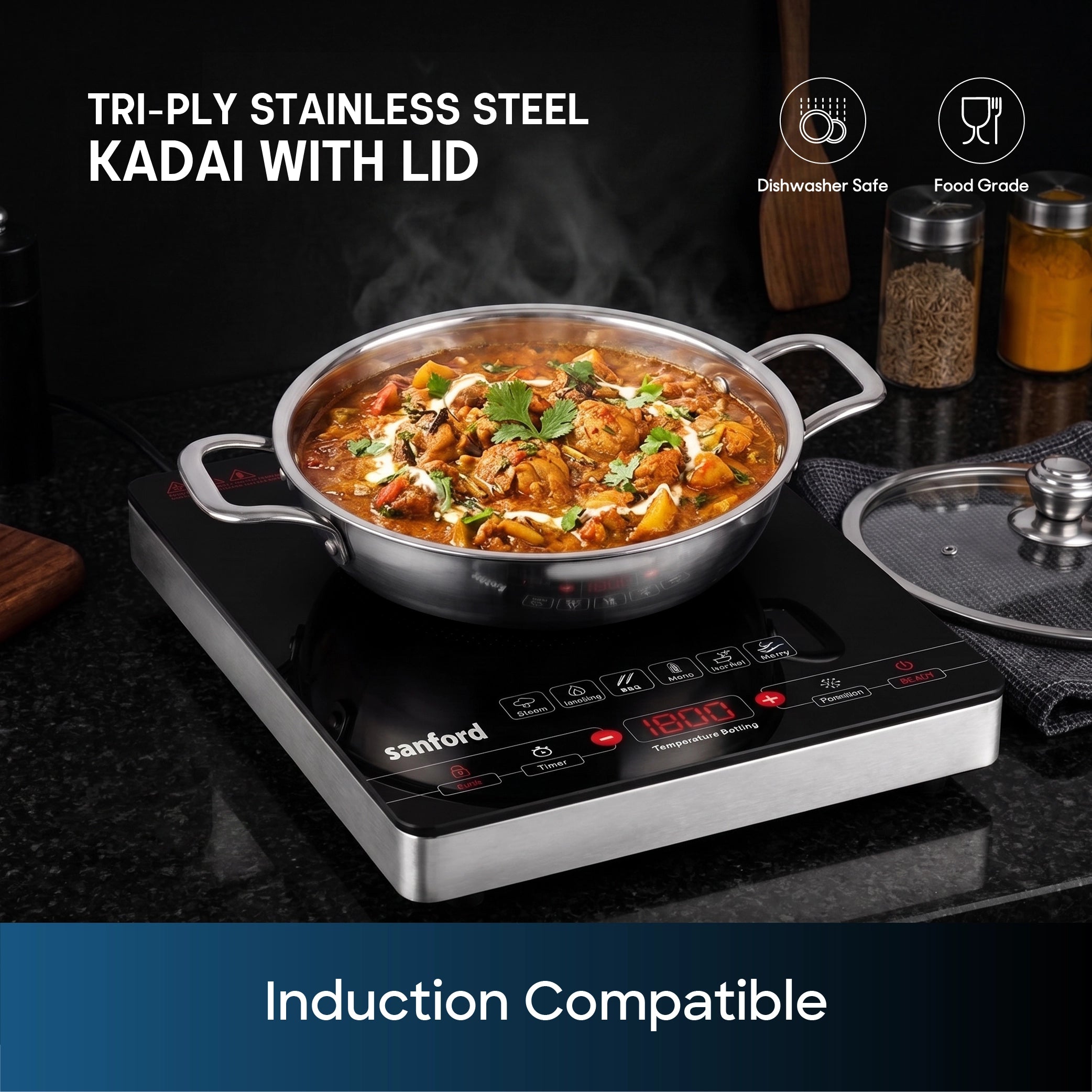 tri ply stainless steel kadai lid 28cm induction compatible sanford 6