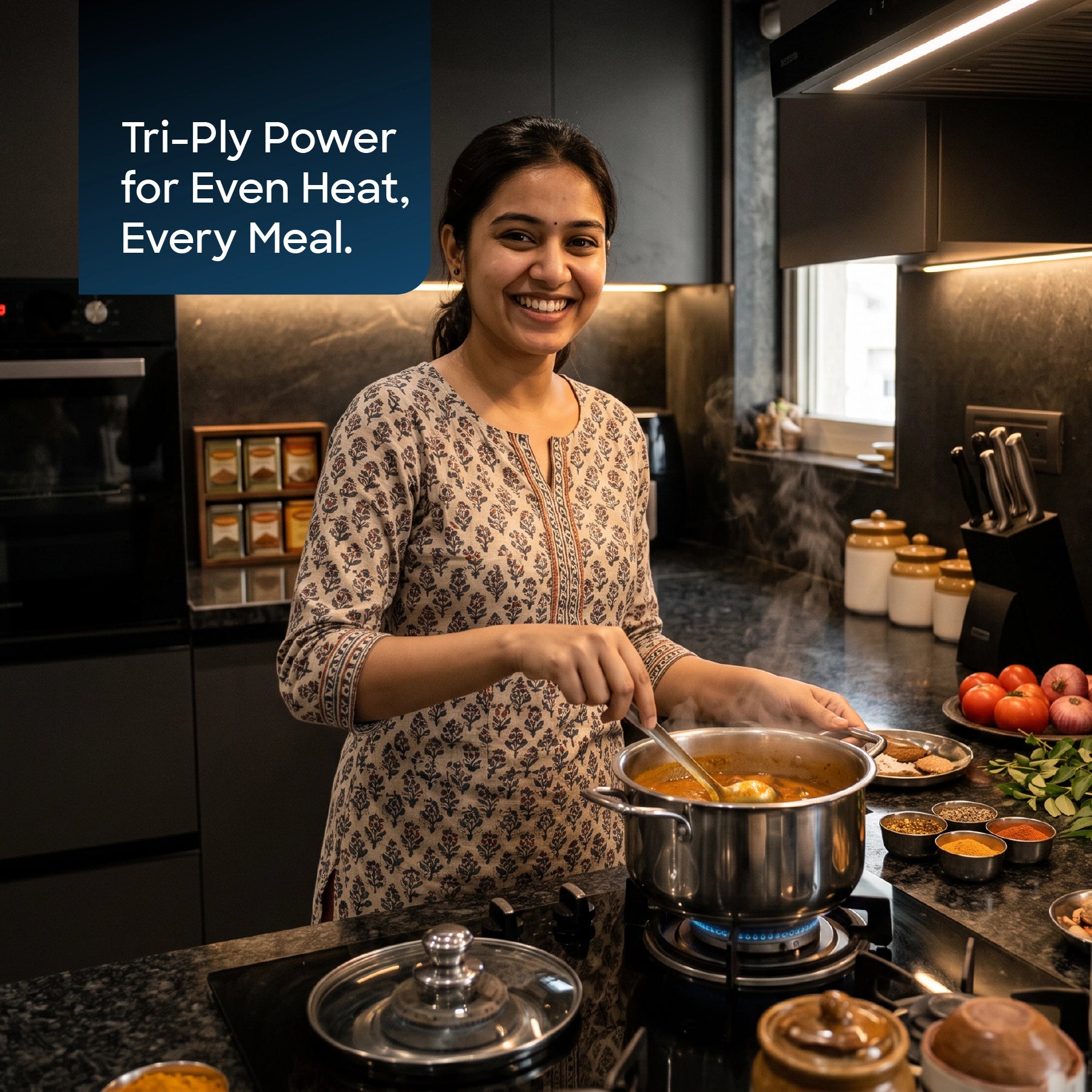 Sanford SF15212SP 22cm Tri-ply SaucePot – lifestyle shot, woman cooking in a kitchen