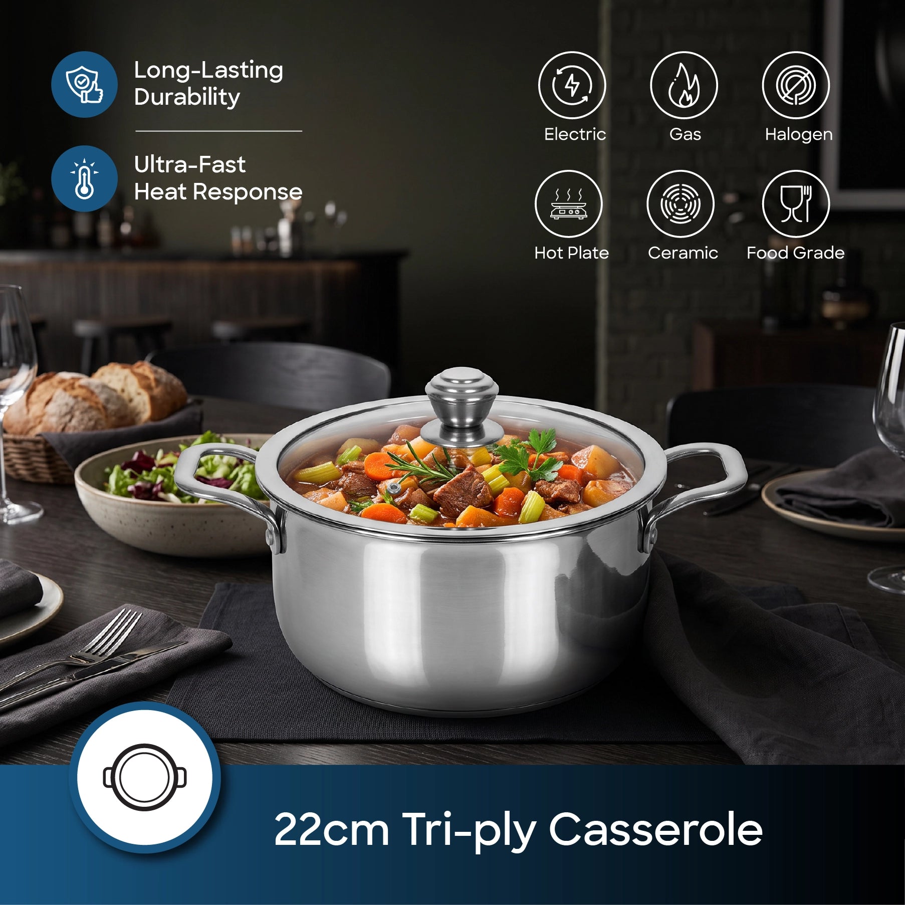 Sanford SF15212SP 22cm Tri-ply SaucePot – long-lasting durability feature callout