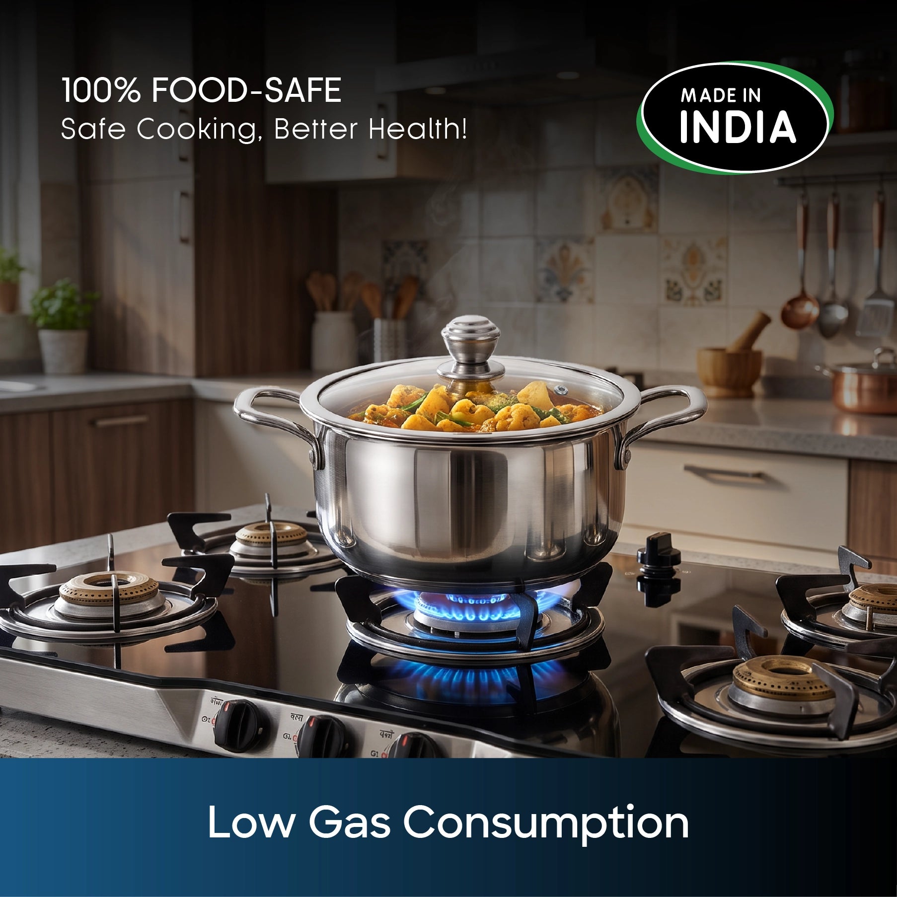 Sanford SF15213SP 24cm Tri-ply SaucePot – low gas consumption feature callout