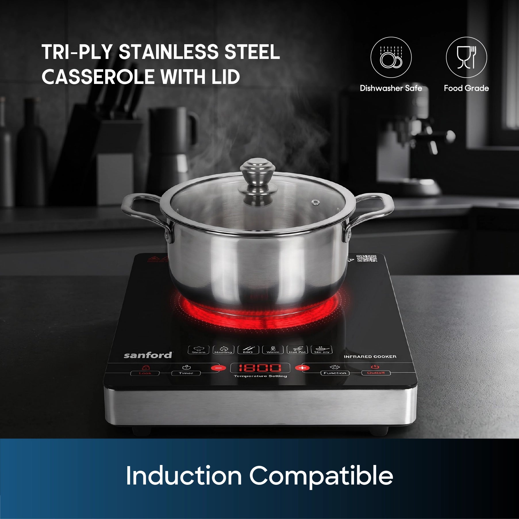 Sanford SF15213SP 24cm Tri-ply SaucePot – induction compatible feature callout