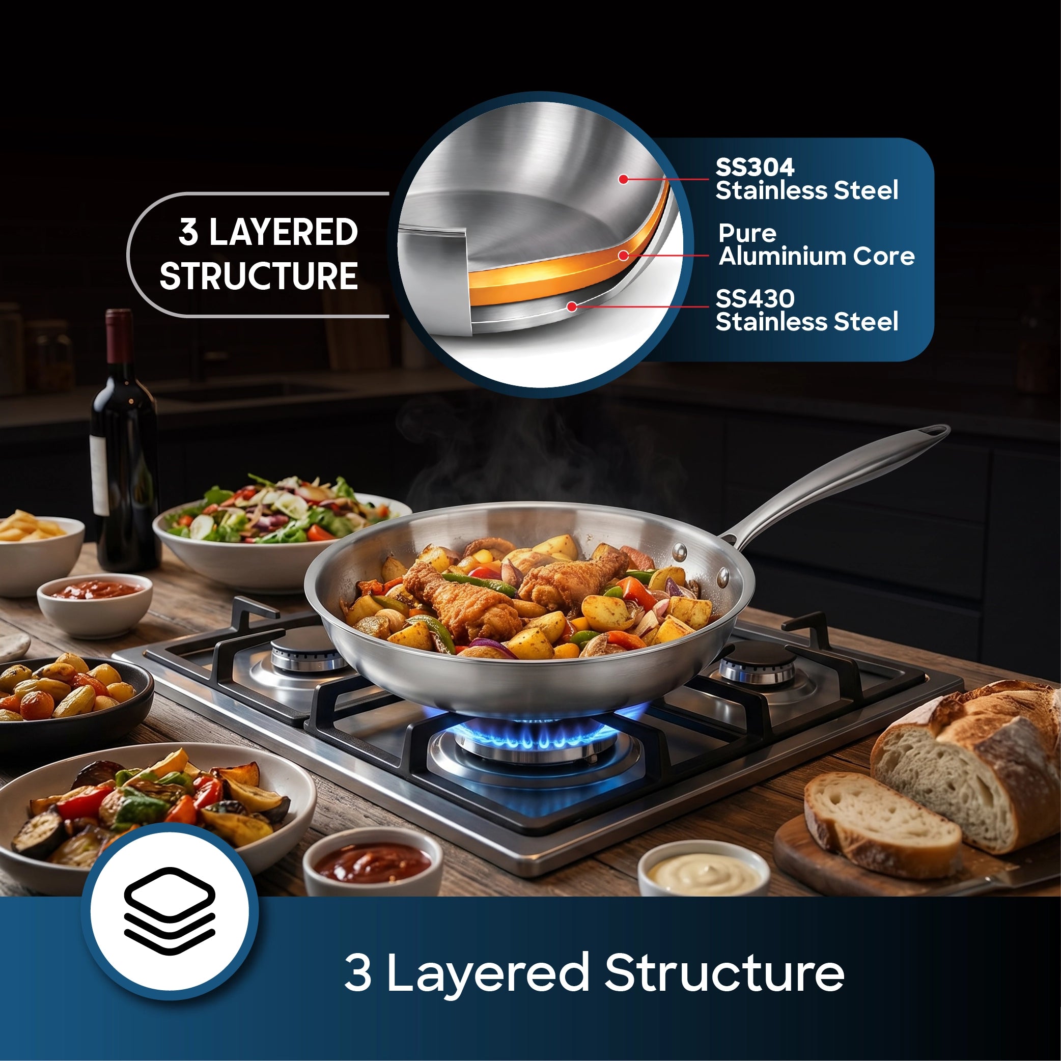 tri ply stainless steel best frying pan 24cm induction compatible 3 layer sanford 4