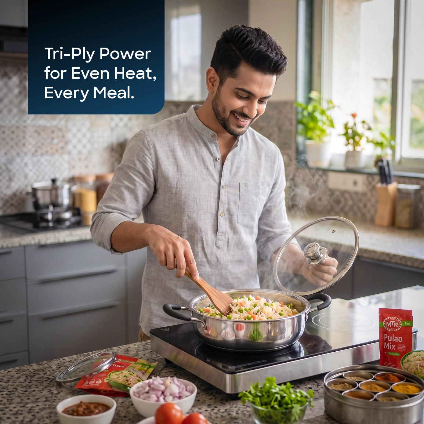 Sanford SF15253MP 26cm Tri-ply Multipan – lifestyle shot, man cooking in a kitchen