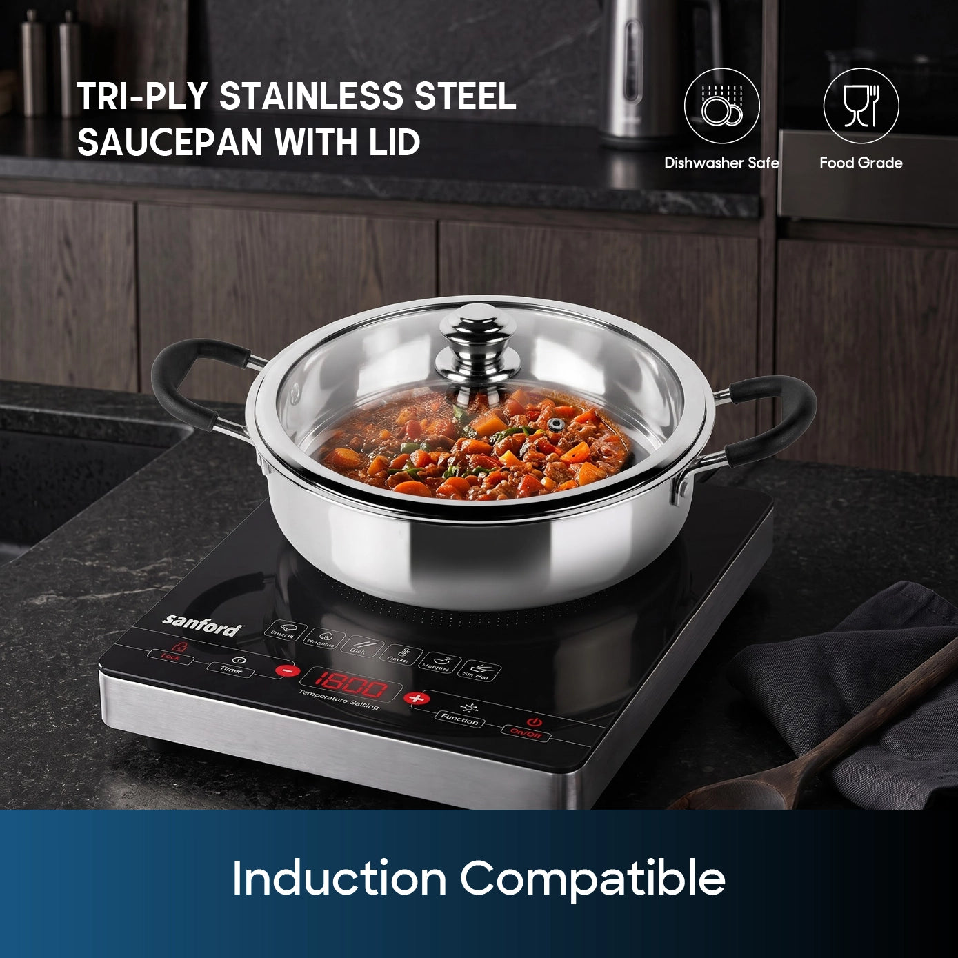 Sanford SF15253MP 26cm Tri-ply Multipan – induction compatible feature callout
