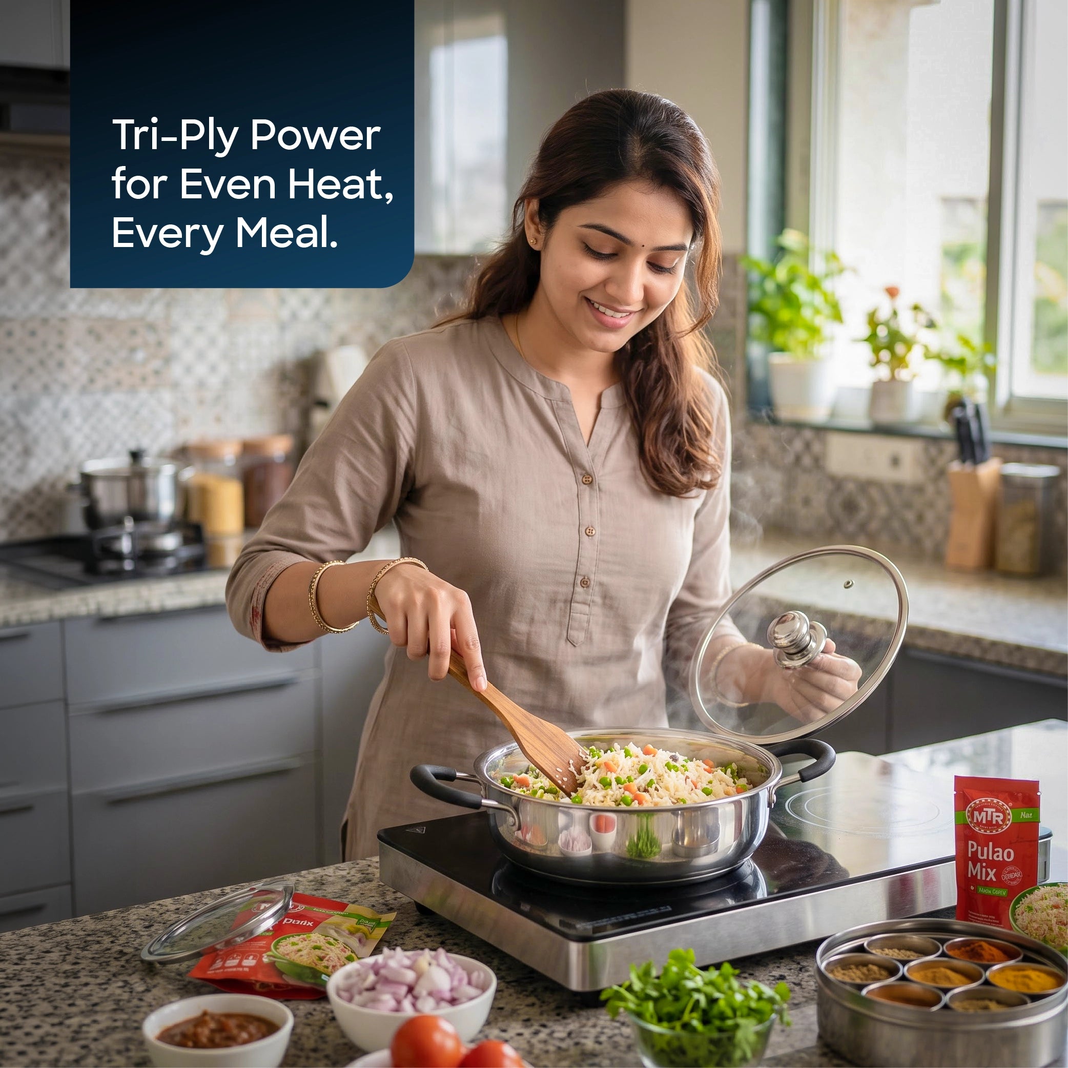 Sanford SF15254MP 28cm Tri-ply Multipan – lifestyle shot, woman cooking in a kitchen