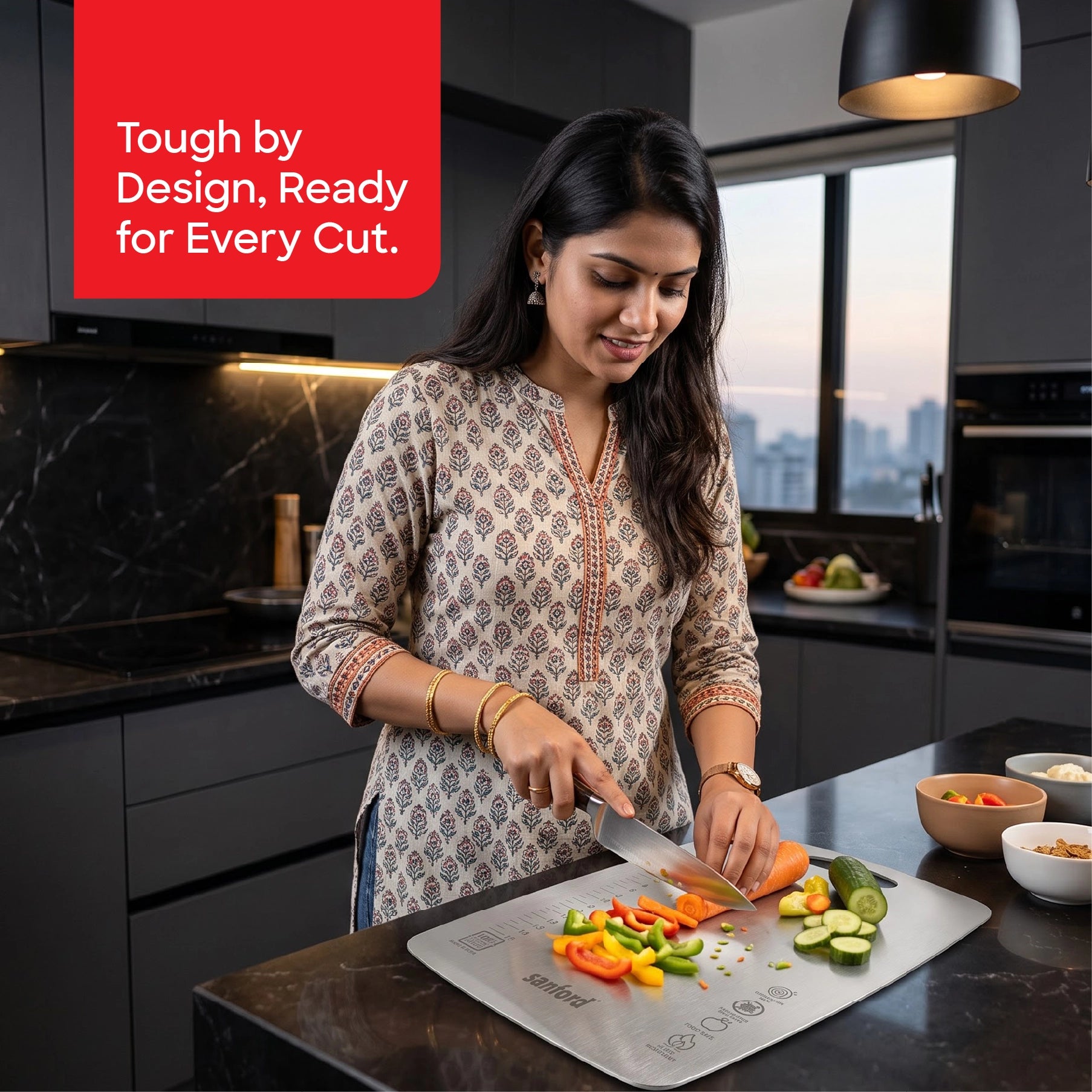 Sanford Stainless Steel Chopping Board Medium 23x35.5cm – lifestyle shot of woman chopping vegetables in the kitchen