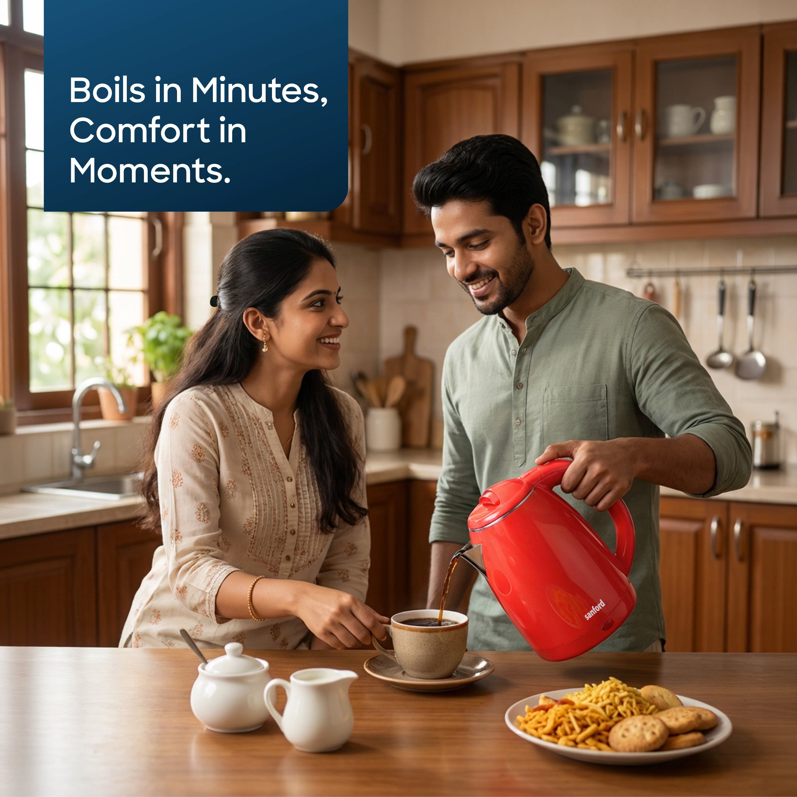 Sanford electric kettle SF1891EK showing 360 degree cordless base and auto shut-off feature
