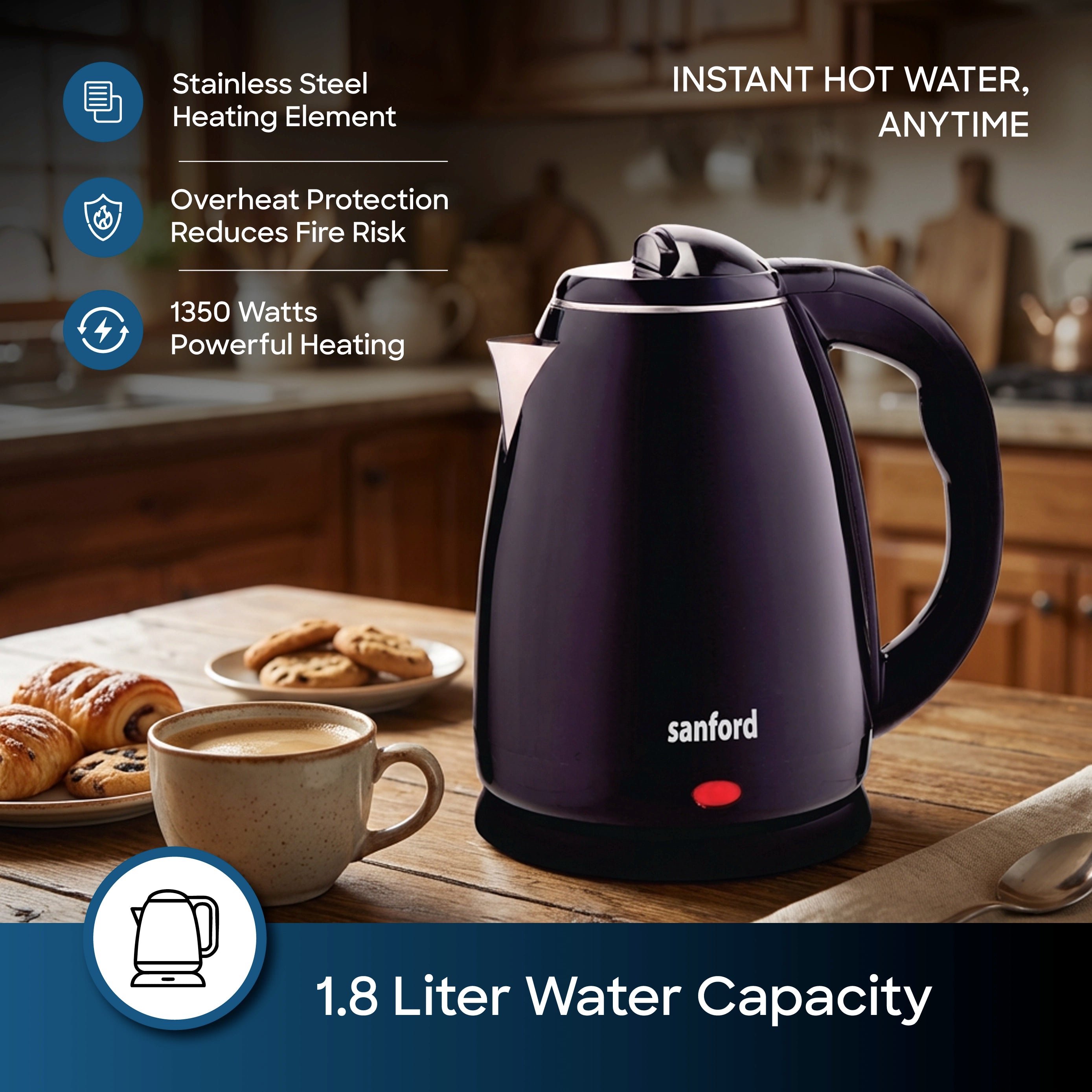 Close-up of Sanford SF1891EK kettle safety locking lid and ergonomic handle