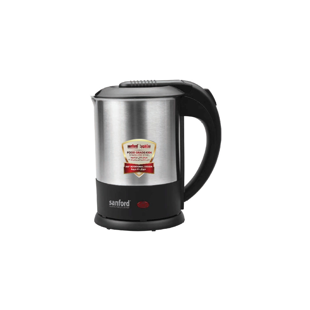 Sanford Electric Kettle – stainless steel 1.0L kettle with black handle and base on a white background.