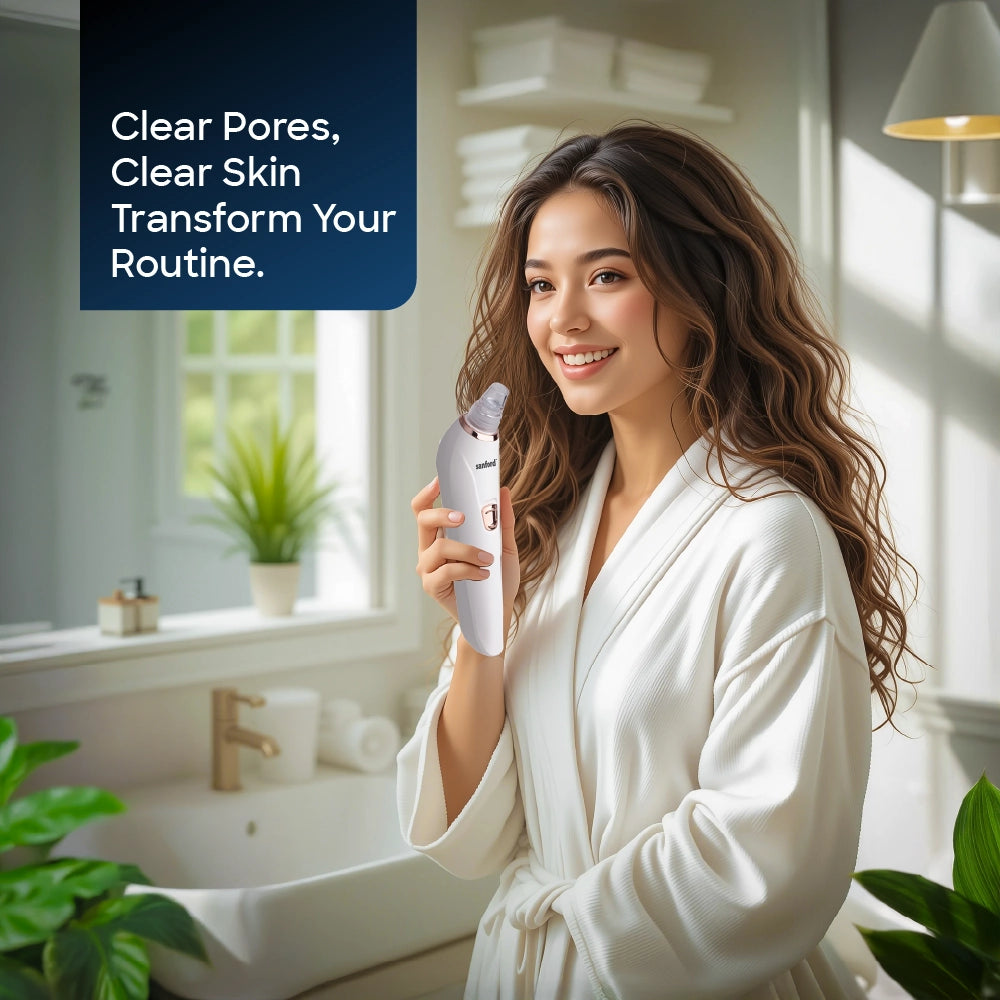 Sanford Pore Cleaner – lifestyle image showing a woman holding the device during her skincare routine.