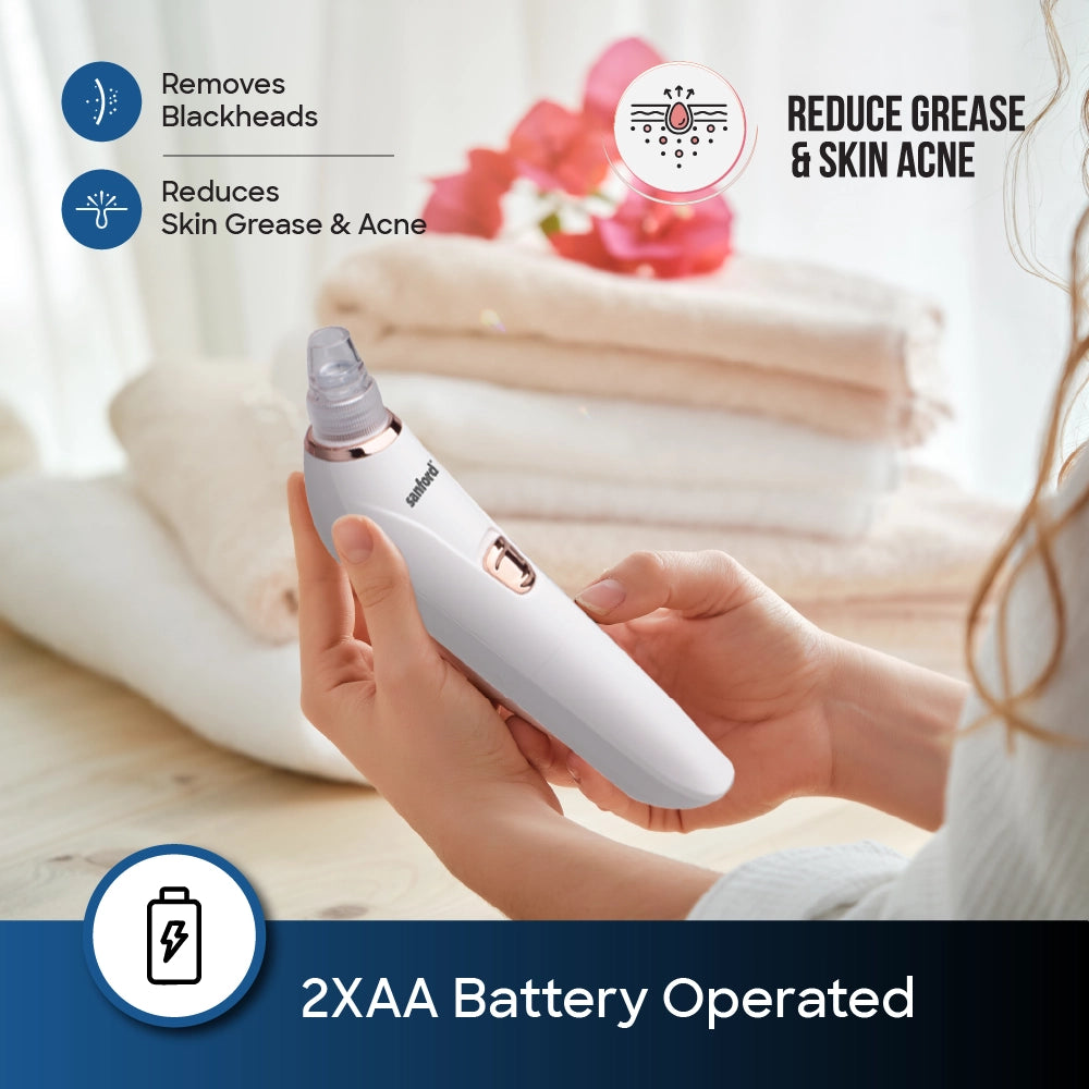 Sanford 6-in-1 Pore Cleaner – lifestyle feature image highlighting blackhead removal, reduced skin grease and acne, and 2×AA battery operation.