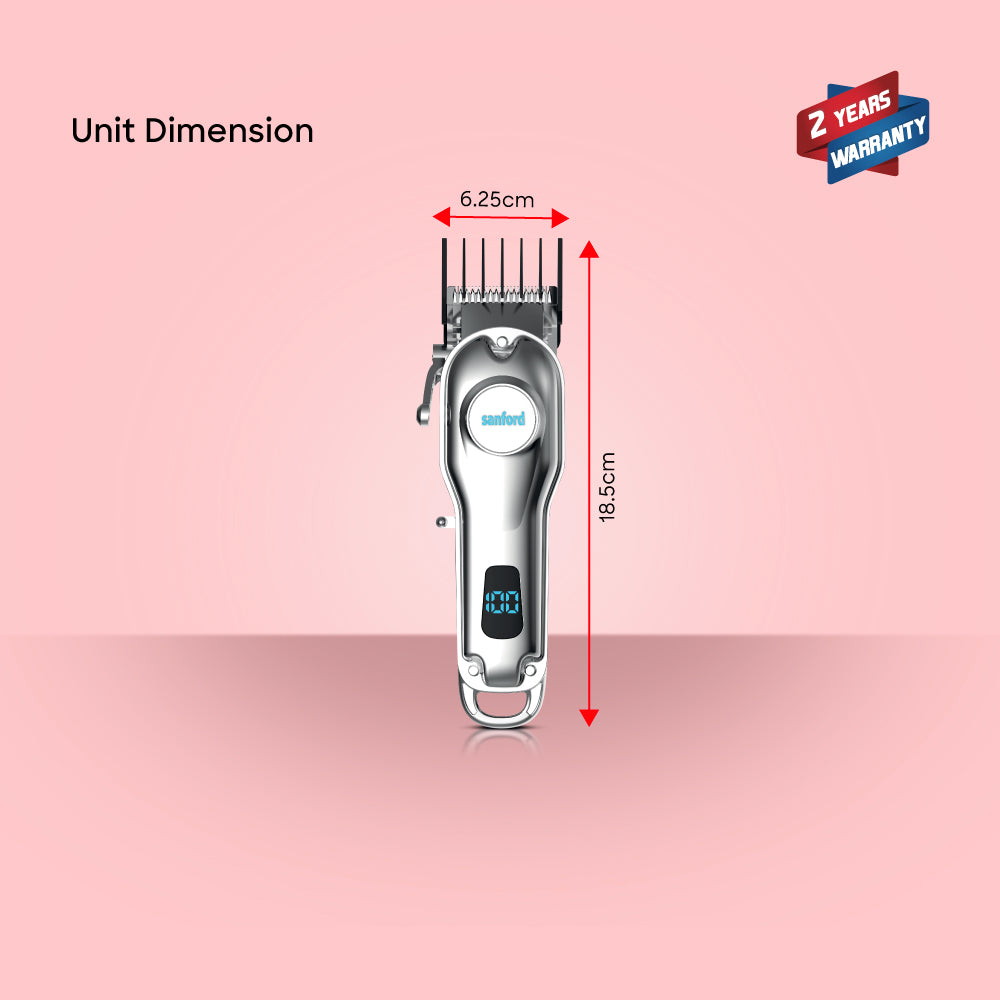 Hair clipper with dimensions labeled on a pink background, featuring a two-year warranty badge.