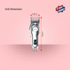 Hair clipper with dimensions labeled on a pink background, featuring a two-year warranty badge.