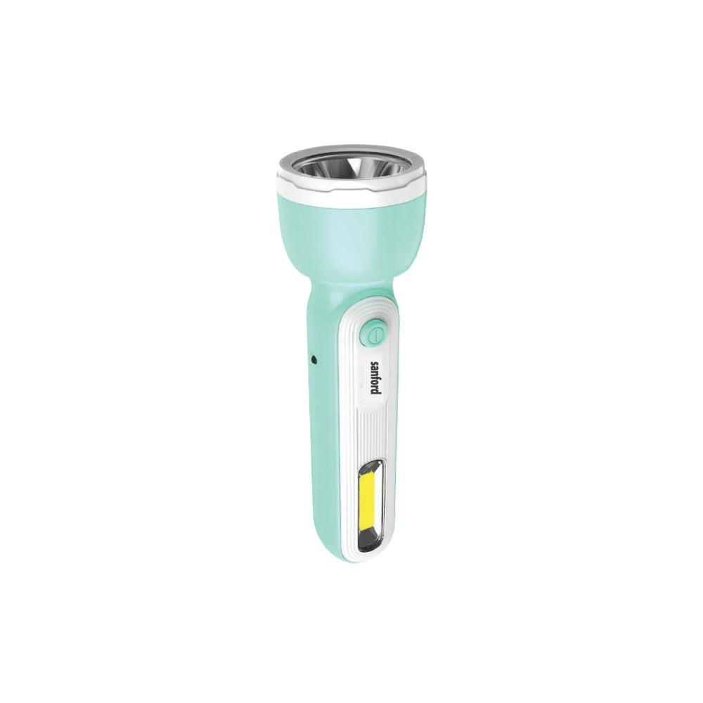 Turquoise flashlight with white handle on a white background