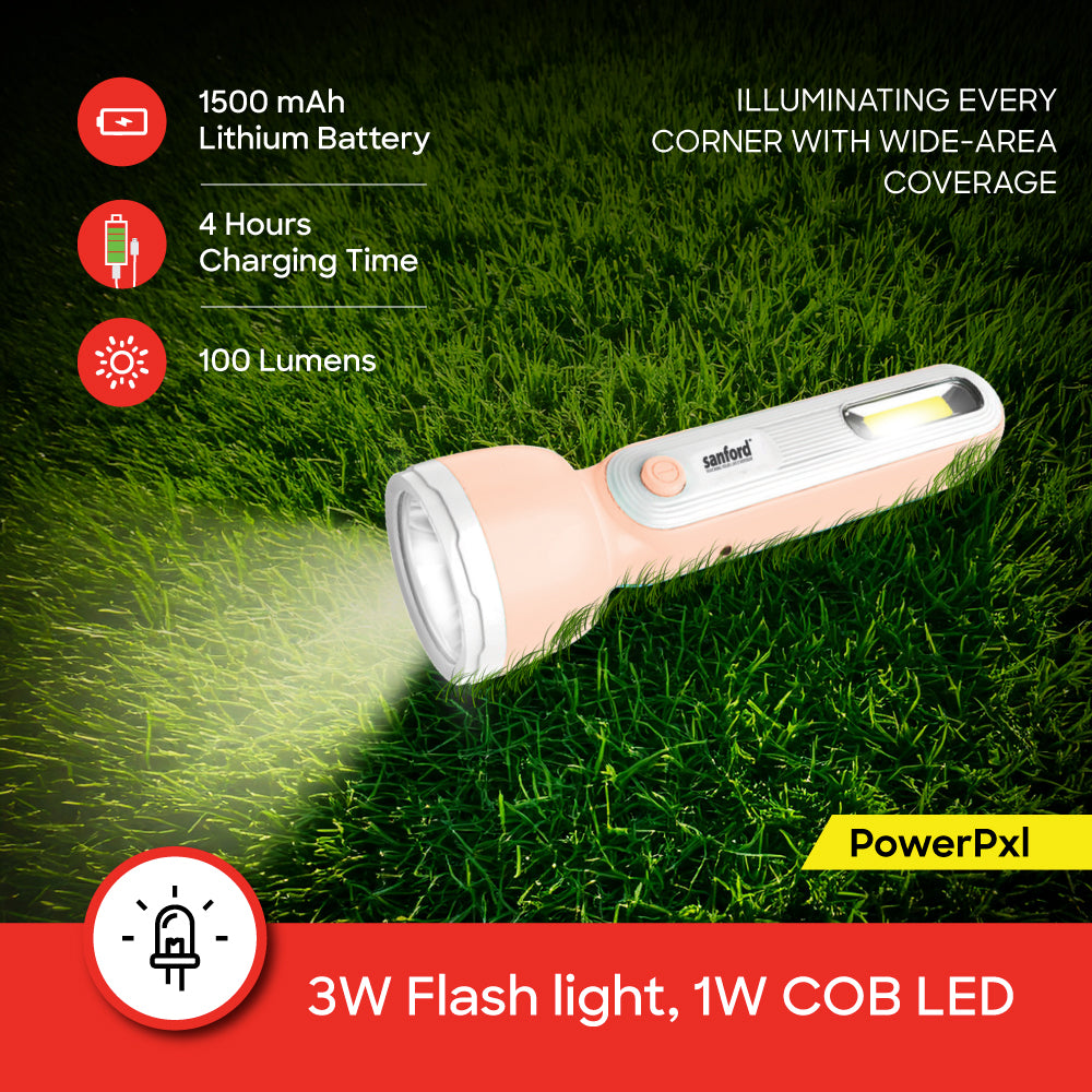 Flashlight on grass with specifications and PowerPxl branding