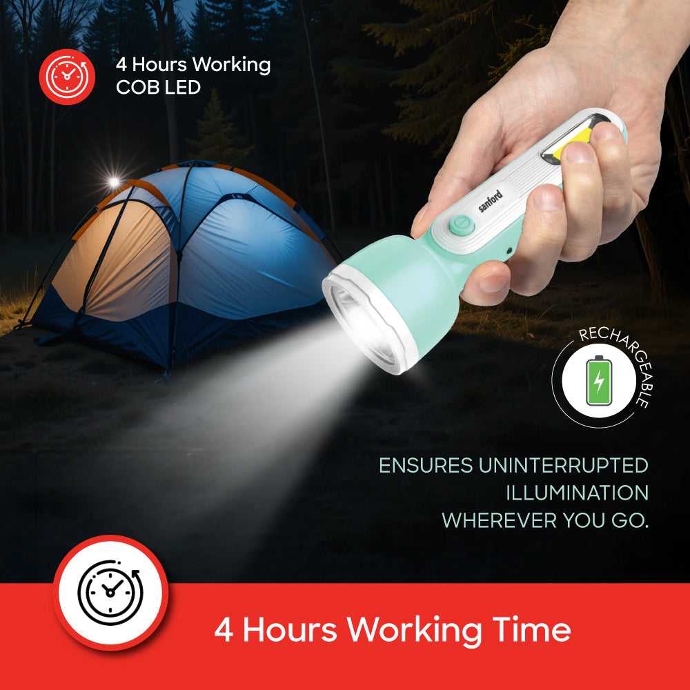 Hand holding a rechargeable flashlight with camping tent in the background