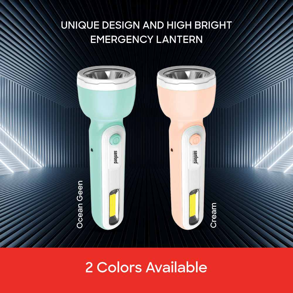 Two torches, one ocean green and one cream, on a dark background with text about unique design and high brightness.