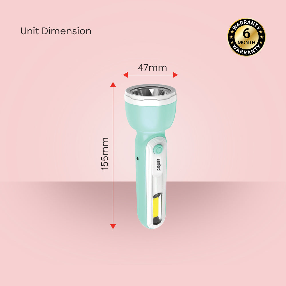 Turquoise flashlight with dimensions on a pink background, featuring a 6-month warranty badge.