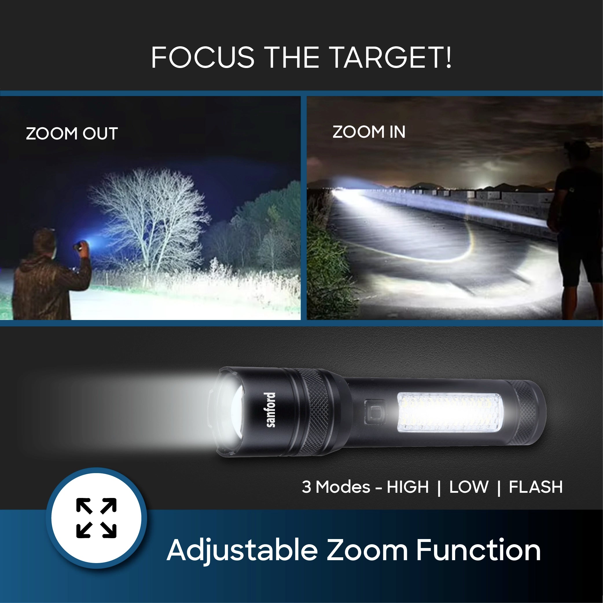 rechargeable led flashlight zoom function 600 lumens portable sanford 4