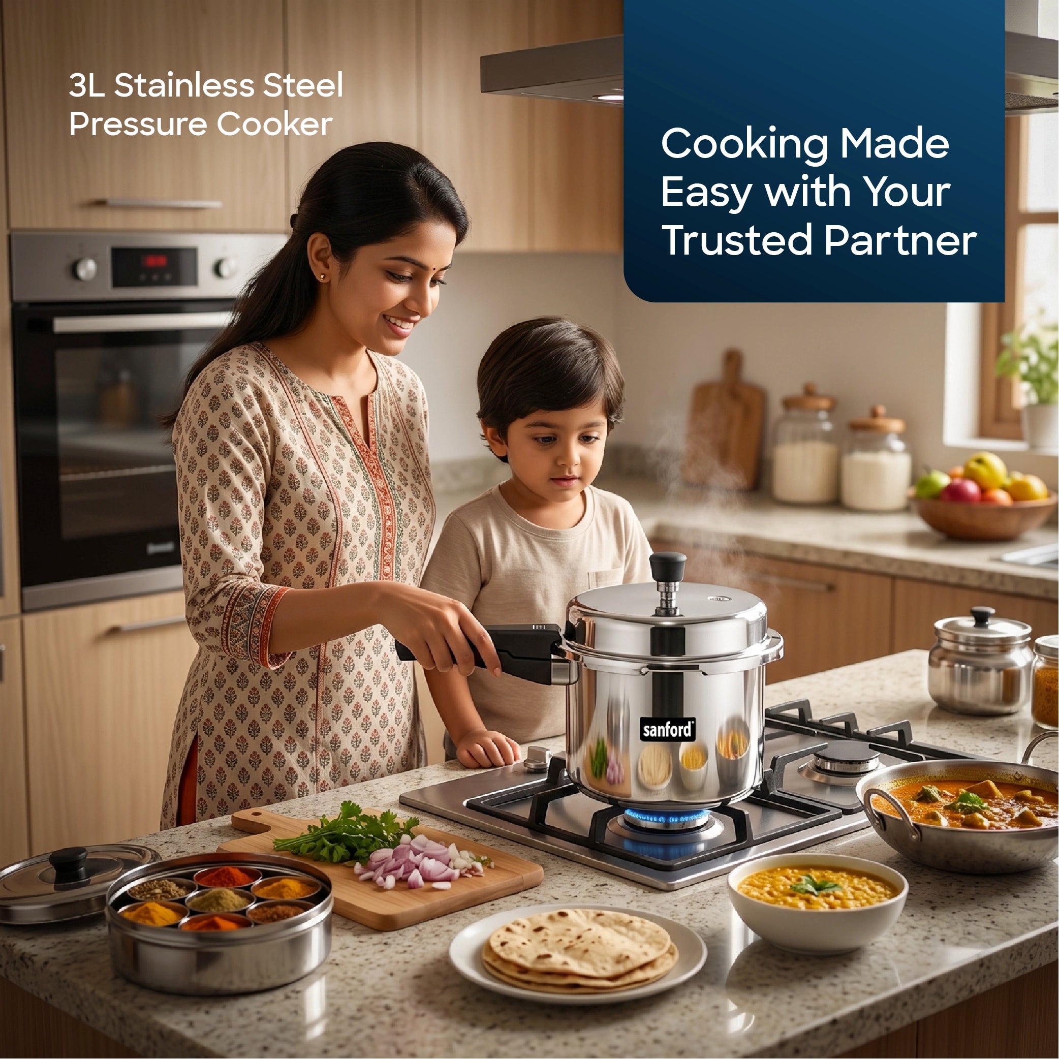 Sanford Stainless Steel Pressure Cooker 3 Litre With Sandwich Bottom - SF3258PC - Sanford India