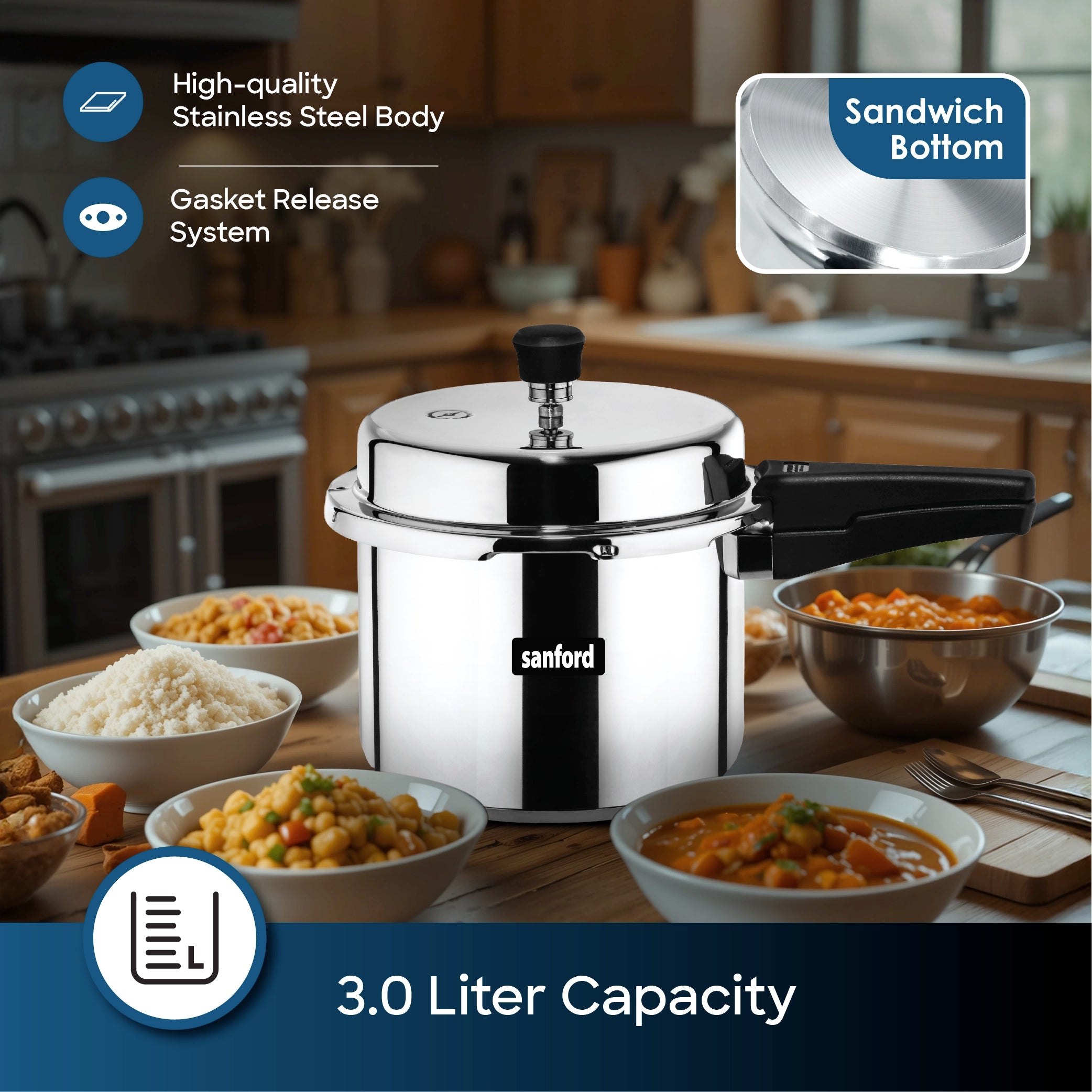best stainless steel pressure cooker 3 litre sandwich bottom sanford 3
