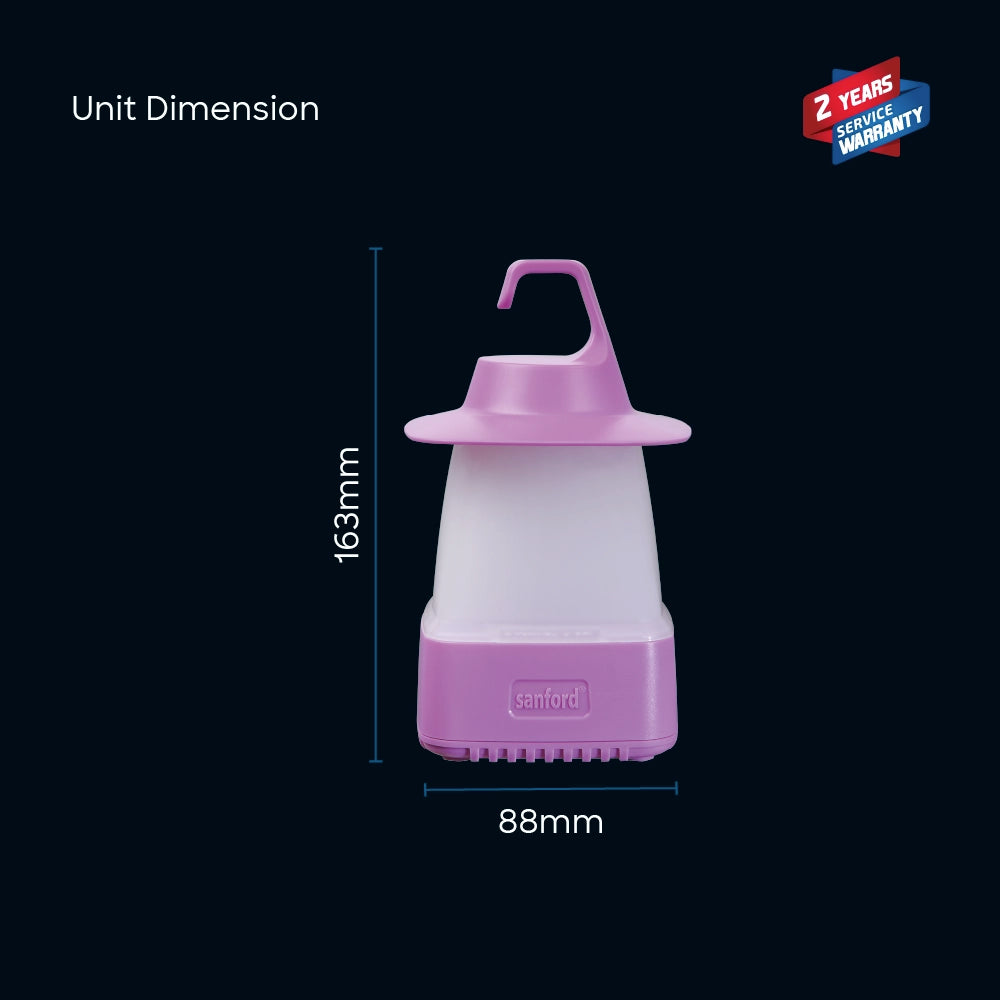 Portable LED camping lantern with 24-hour backup and USB charging.