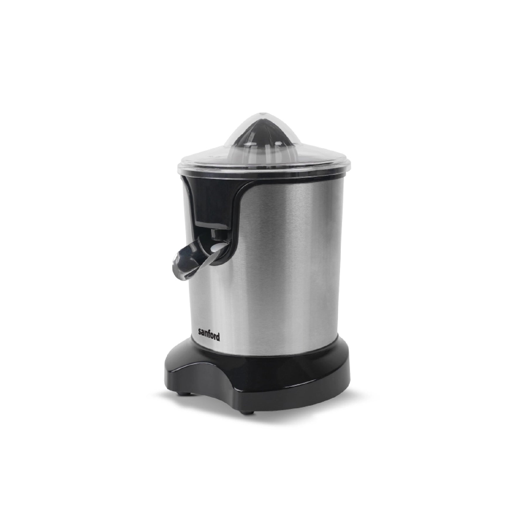 Sanford Citrus Juicer – stainless steel and black electric juicer with transparent lid and citrus cone on a white background.