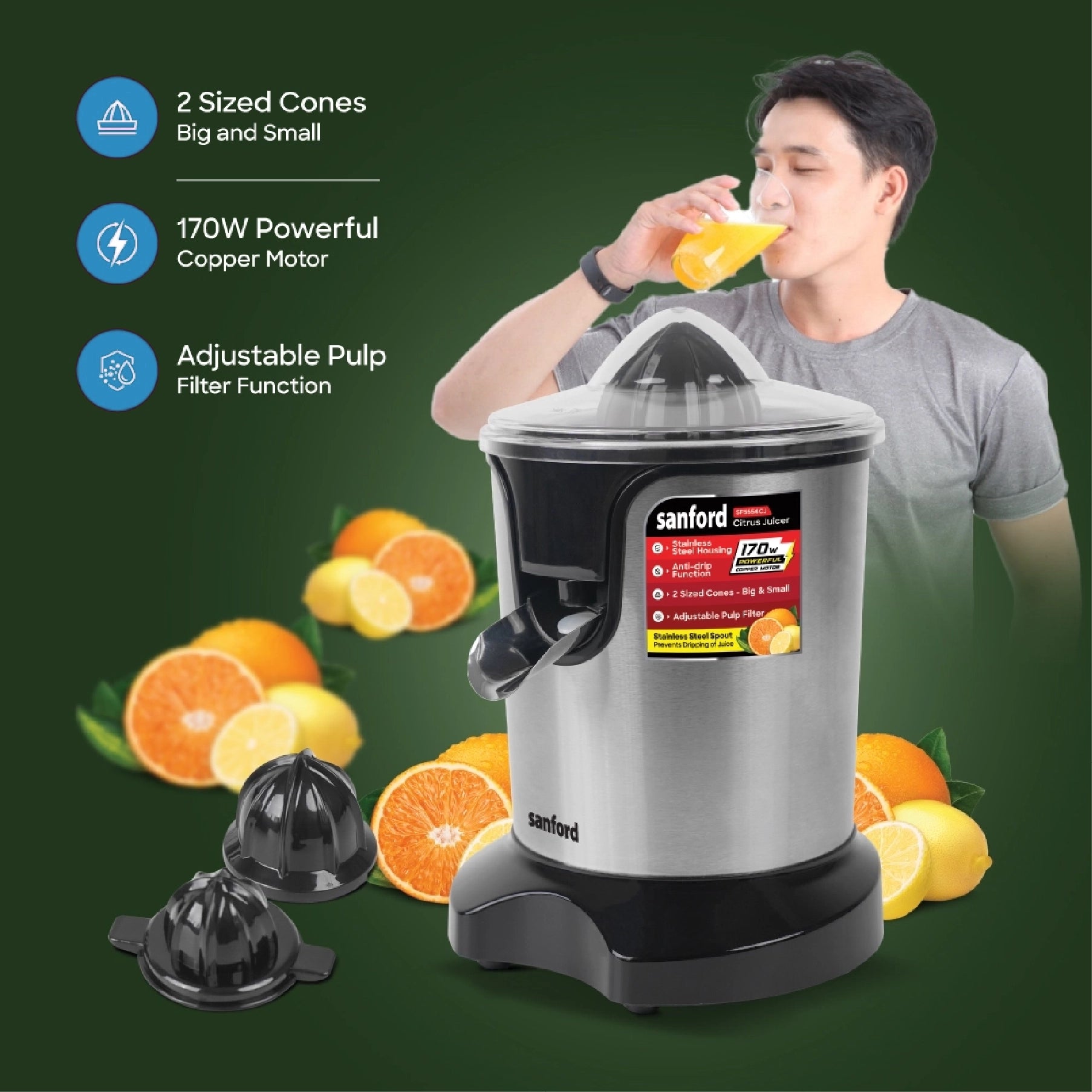 Sanford Citrus Juicer – product feature graphic showing 170W copper motor, two cone sizes, and adjustable pulp filter.
