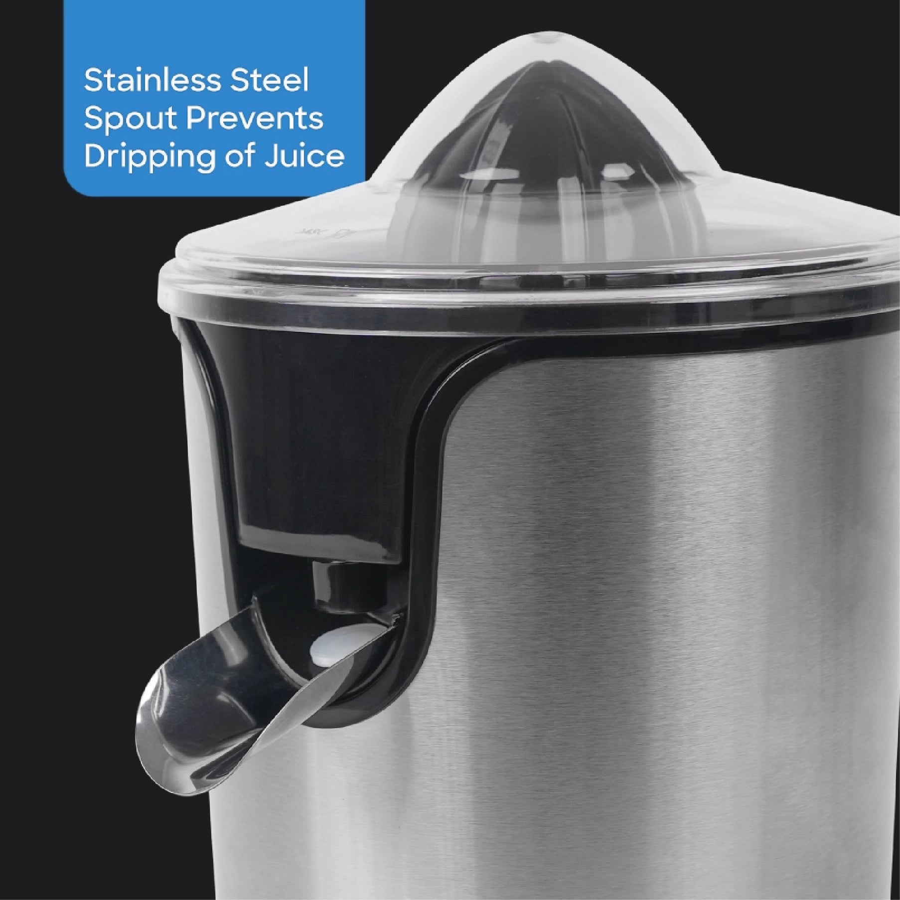 Sanford Citrus Juicer – close-up of the transparent lid and stainless steel body with anti-drip spout.