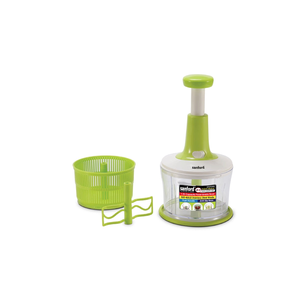 Sanford Salad Maker 3-in-1 – front view of the green and white salad maker with transparent bowl, chopping unit, and separate salad spinner basket on a white background.