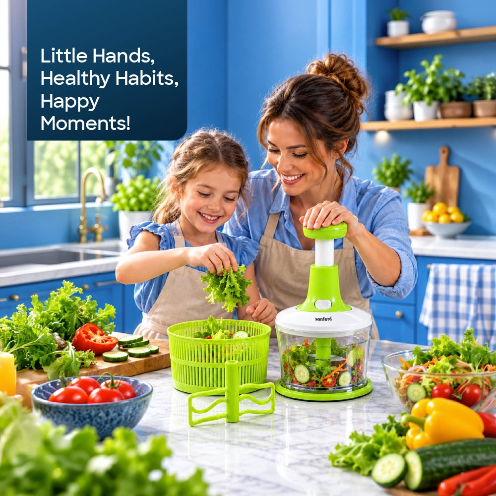 Sanford Salad Maker 3-in-1 – lifestyle image showing a mother and child preparing fresh vegetables together using the salad maker.
