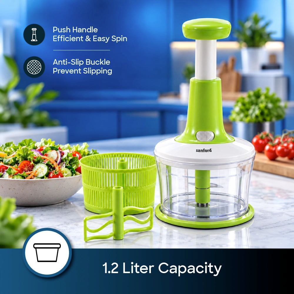 Sanford Salad Maker 3-in-1 – feature graphic highlighting the 1.2L capacity, push handle, and anti-slip buckle.