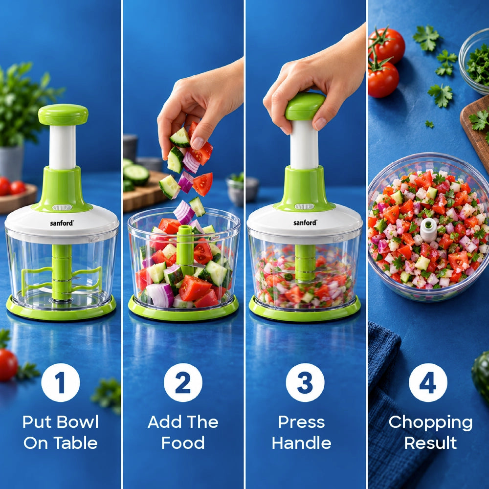 Sanford Salad Maker 3-in-1 – step-by-step graphic showing bowl setup, adding vegetables, pressing the handle, and the finished chopped salad.