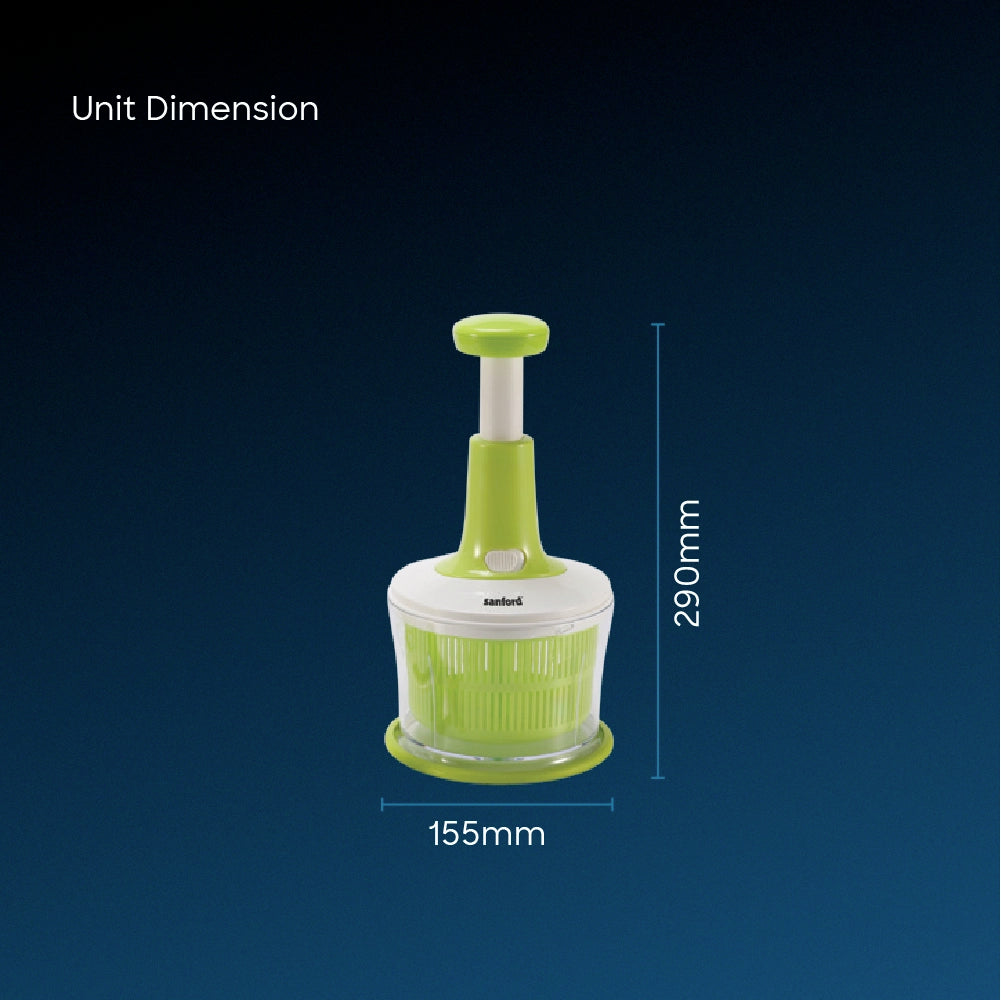 Sanford Salad Maker 3-in-1 – unit dimensions graphic showing the green and white salad maker against a dark blue background.