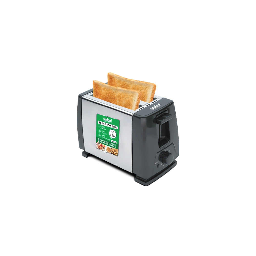 Sanford Bread Toaster – two-slice stainless steel and black toaster displayed on a white background with bread slices in the slots.