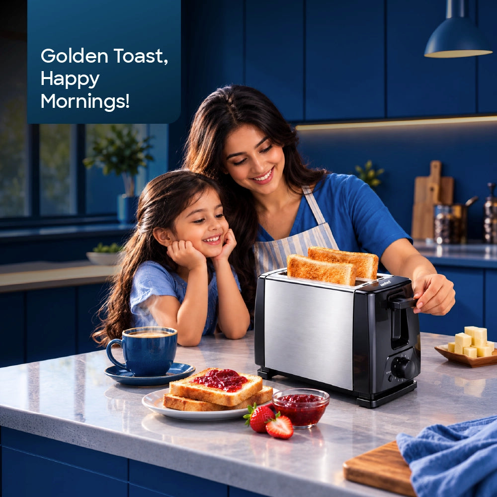 Sanford Bread Toaster – mother and daughter enjoying breakfast together in a modern kitchen, with freshly toasted bread served on the counter.