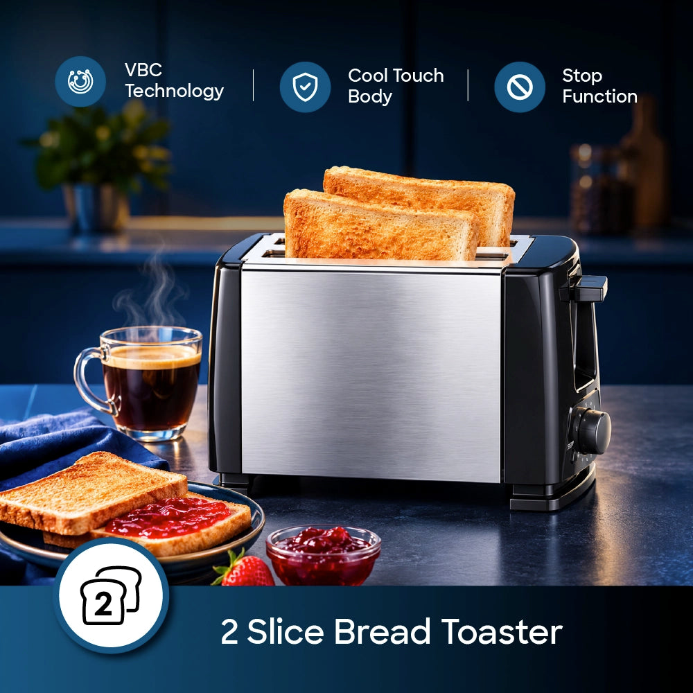Sanford Bread Toaster – promotional image featuring toasted bread and a two-slice toaster, highlighting VBC technology, cool-touch body, and stop function.
