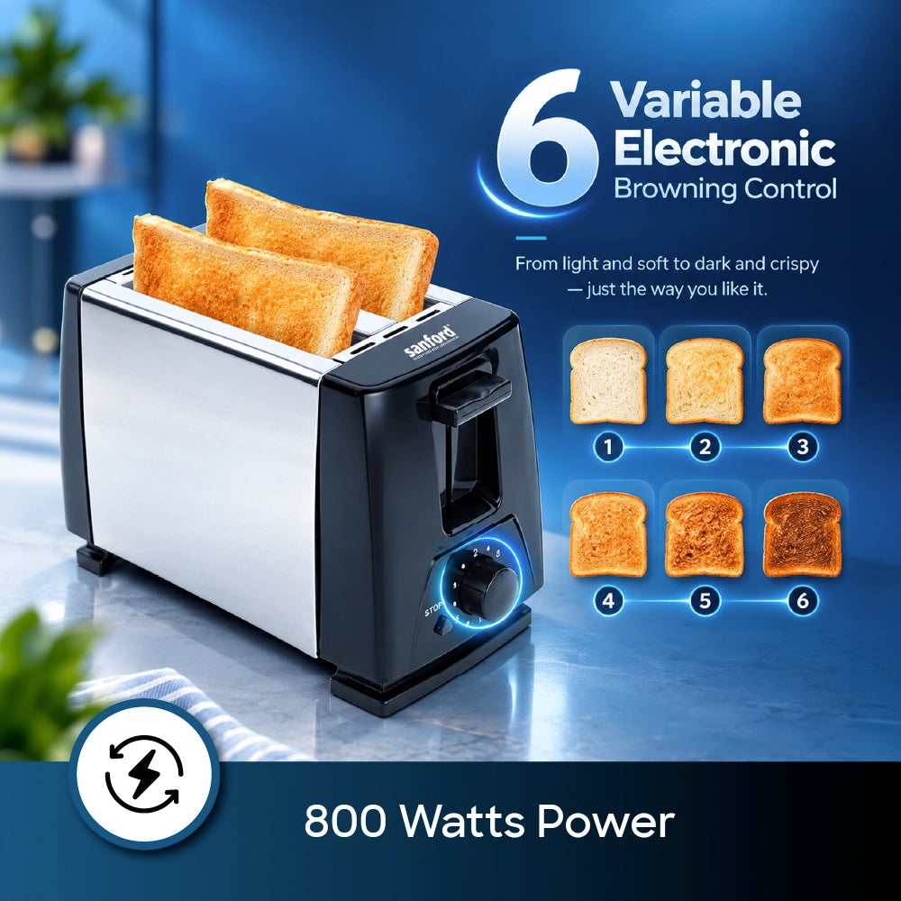 Sanford Bread Toaster – feature graphic showcasing six variable electronic browning levels for preparing toast from lightly golden to crisp and dark.