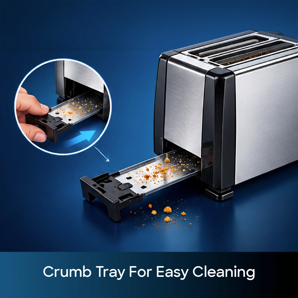 Sanford Bread Toaster – close-up product graphic demonstrating the removable crumb tray for convenient cleaning and easy removal of bread crumbs.