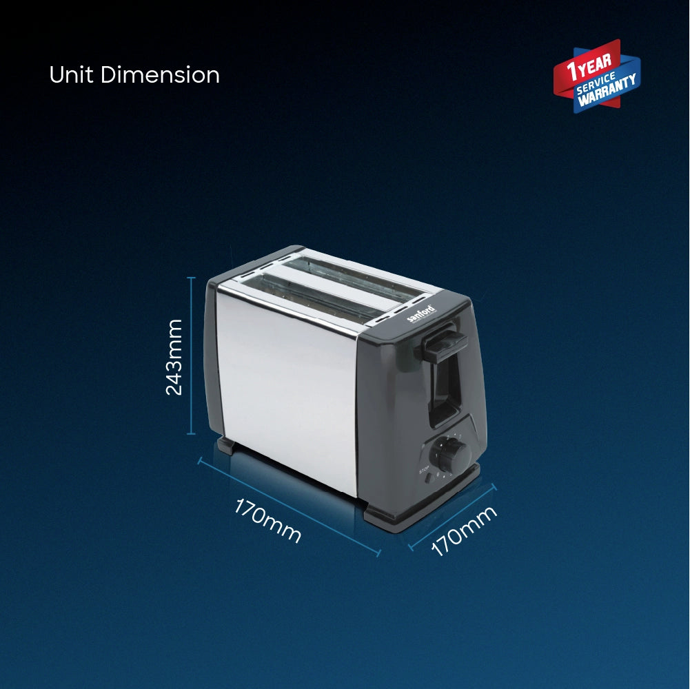 Sanford Bread Toaster – unit dimensions image showing the toaster against a dark blue background with a 1-year service warranty badge.