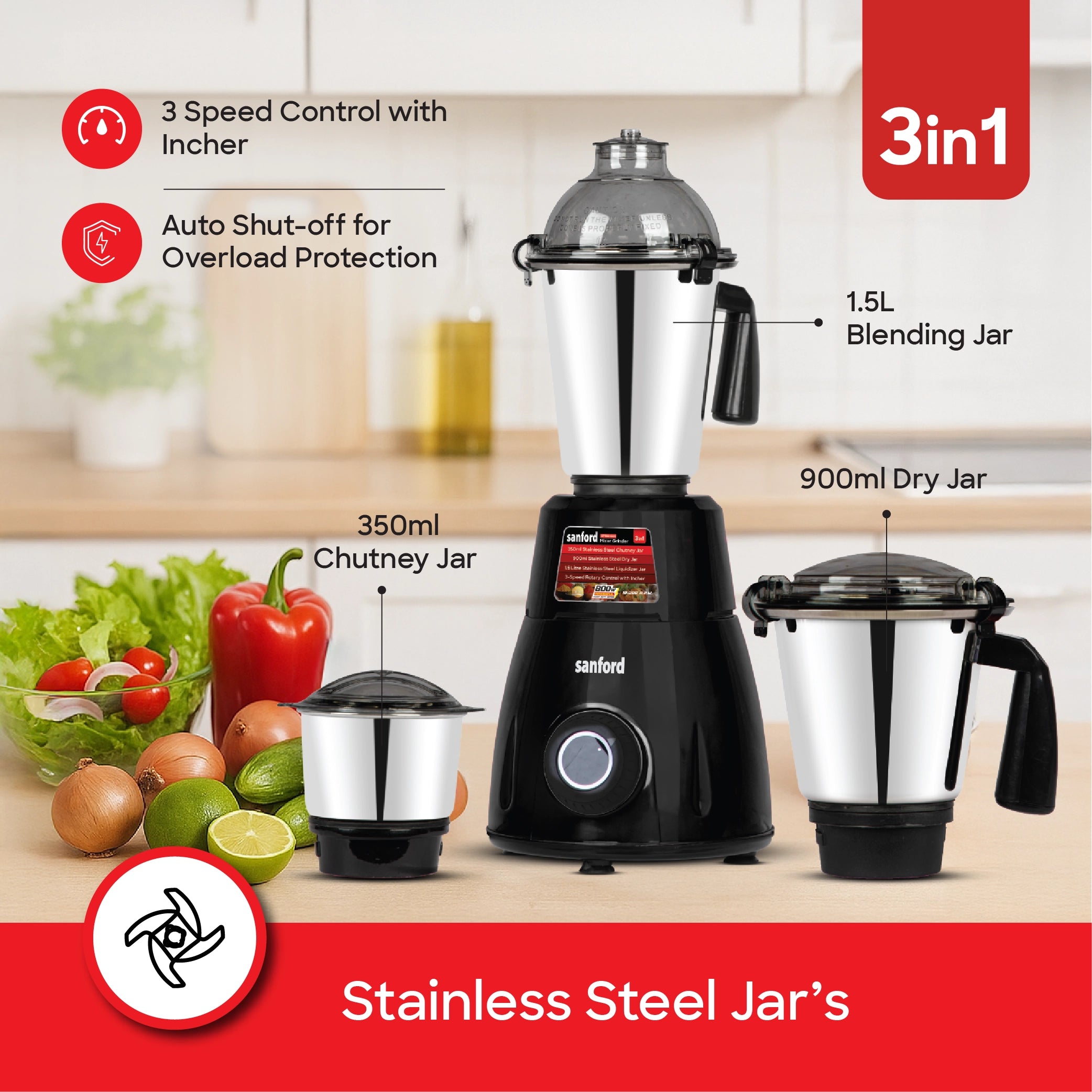 Sanford SF5901GM Mixer Grinder – three stainless steel jars included